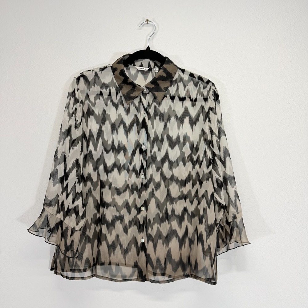 NICOLA Sheer Zig Zag Chevron Print Boho‎ Whimsigoth Chiffon Ruffle Cuff Blouse L